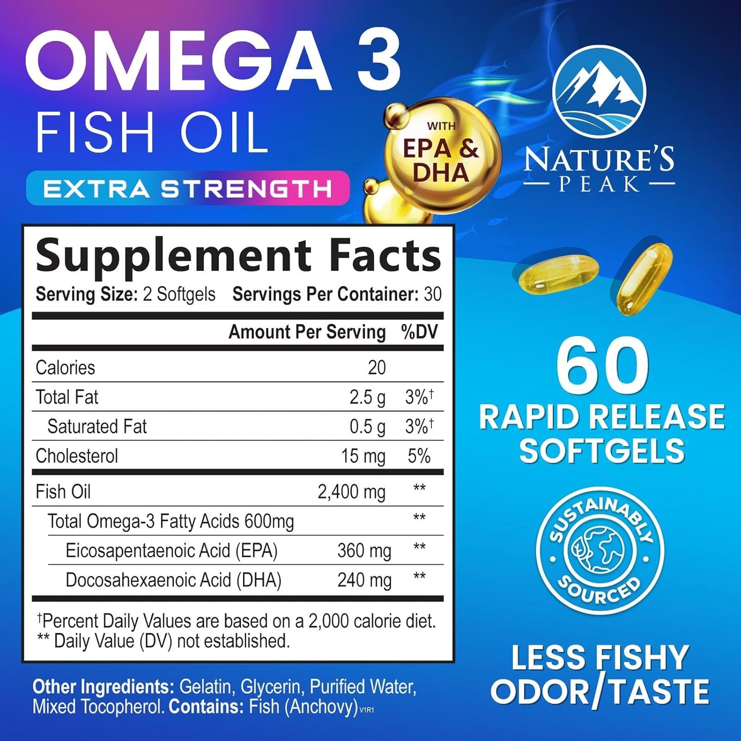 Premium Nature's Peak Omega-3 Fish Oil Softgels - 2400mg Triple Strength Supplements for Brain & Heart Support - Sustainably Sourced EPA & DHA Omega-3 Formula - 60 Count - Espot.com.au