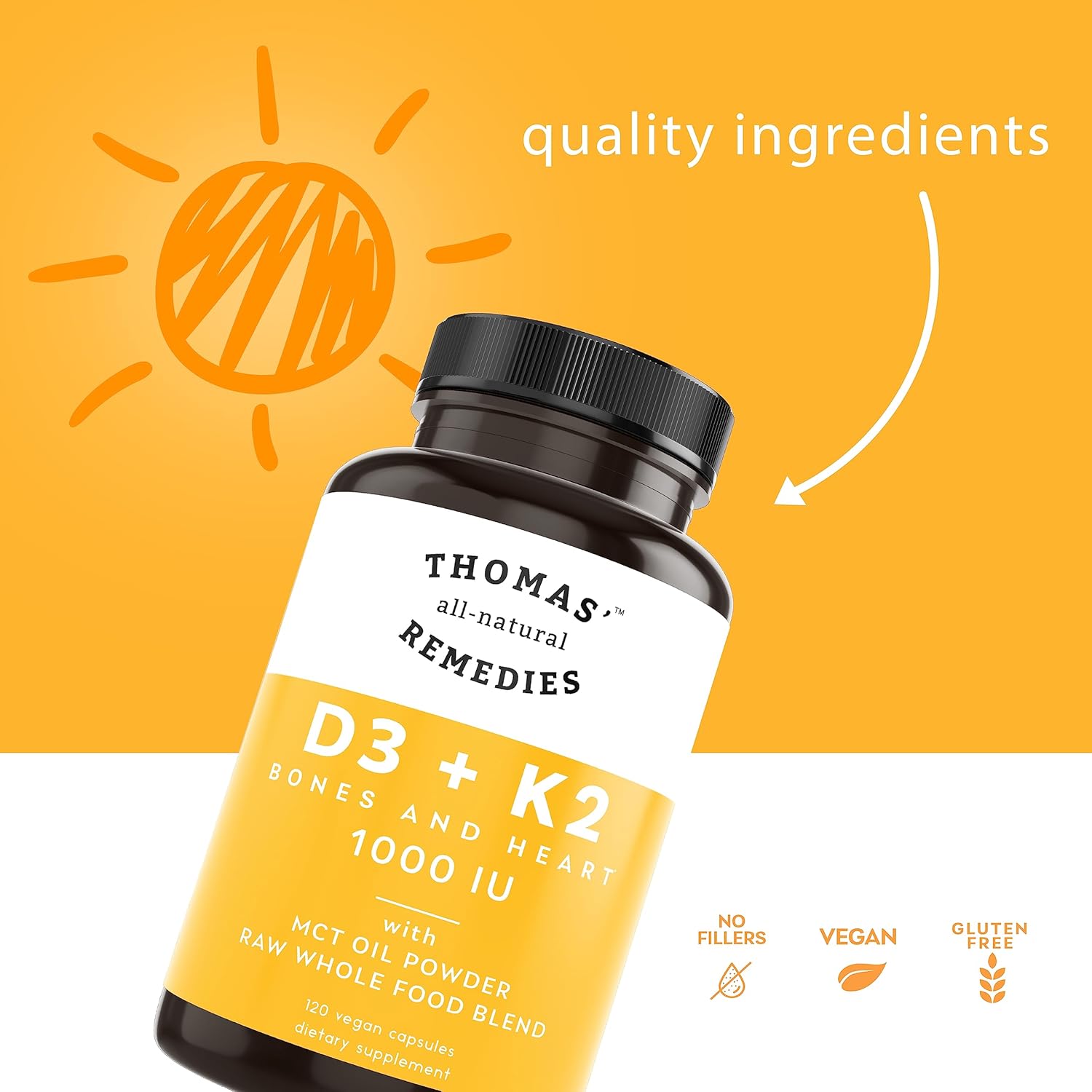 All-Natural D3 + K2 with MCT Oil and Raw Whole Food Blend - 1000 IU D3, Vegan, Made in USA - Supports Heart, Bones & Teeth - Non-GMO - 120ct - Espot.com.au