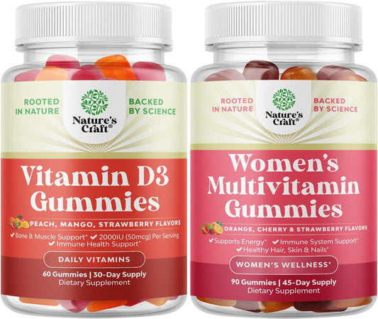 Vitamin D3 and Multivitamin Gummies Bundle for Daily Wellness, Bone & Muscle Support, Energy, and Immunity - Delicious Women's Daily Supplement - Espot.com.au