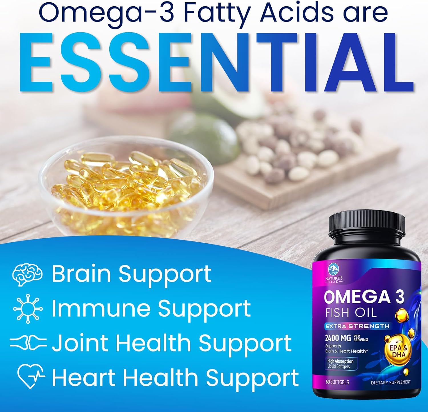 Premium Nature's Peak Omega-3 Fish Oil Softgels - 2400mg Triple Strength Supplements for Brain & Heart Support - Sustainably Sourced EPA & DHA Omega-3 Formula - 60 Count - Espot.com.au