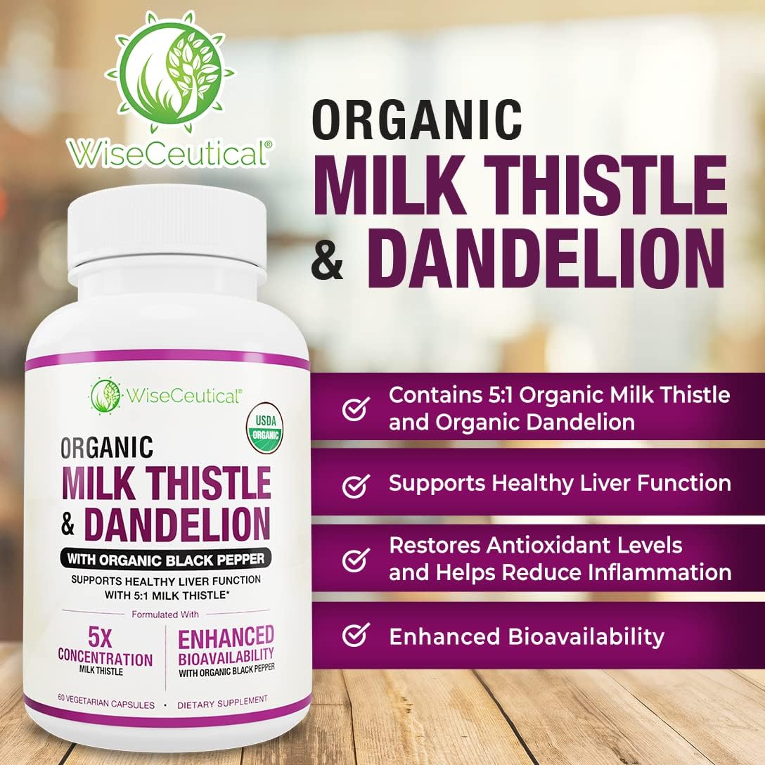 Organic Milk Thistle & Dandelion Root Liver Support Supplement - 2000mg Strength, High Absorption Formula with Silymarin Antioxidant Flavonoid - USDA Certified - 60 Count Pack - Espot.com.au