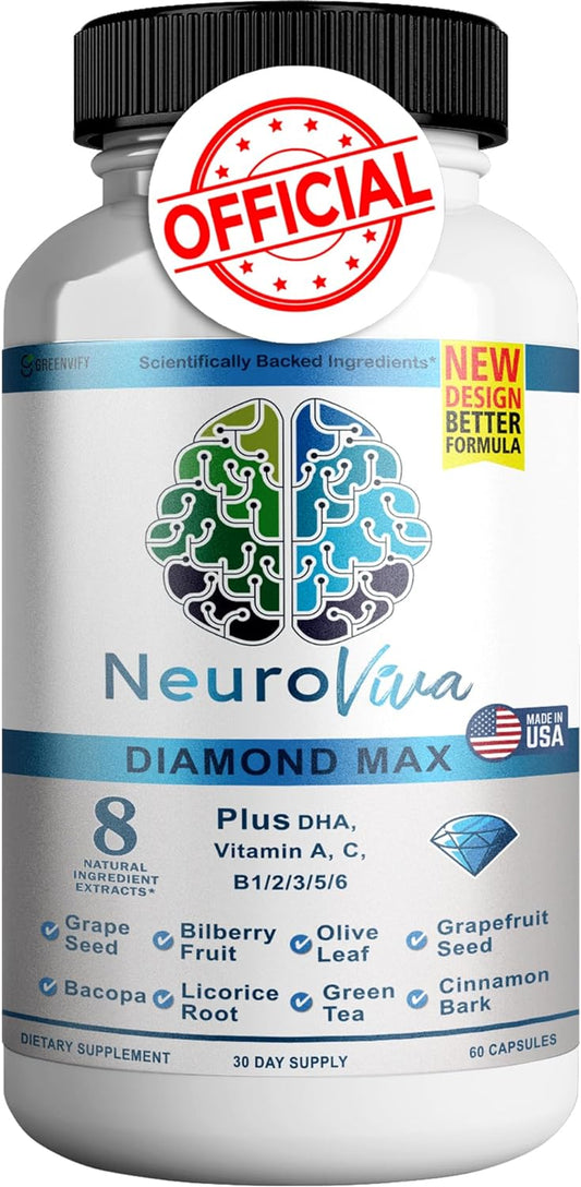 Neuroviva Diamond Max Plus Brain Supplement - Memory, Focus, Mental Clarity - Cognitive Enhancement Vitamins B6, B12 - 60 Capsules - Espot.com.au