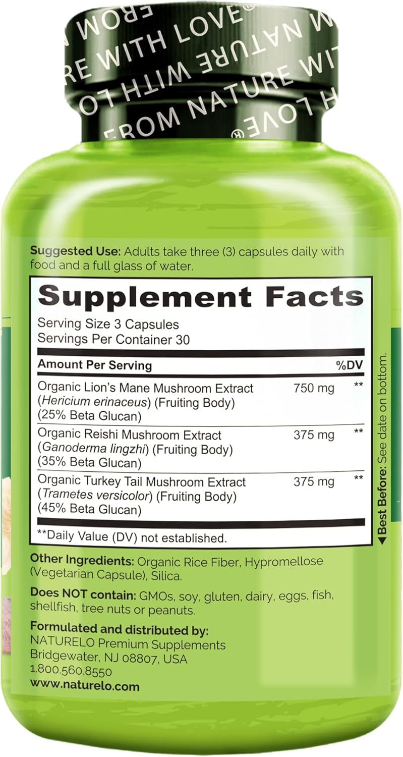 NATURELO Mushroom Supplement for Brain and Immune Health - Lion's Mane, Reishi, Turkey Tail - 90 Vegan Capsules - Espot.com.au