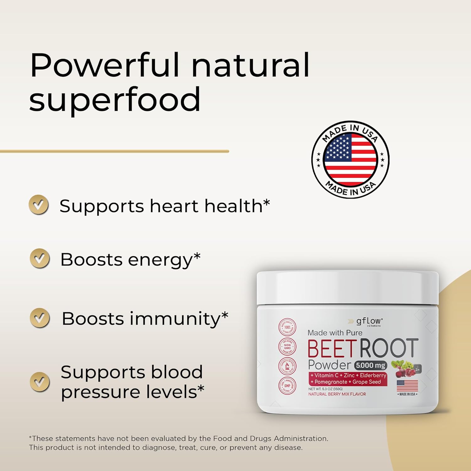 Beet Root Powder Supplement - Boost Nitric Oxide & Heart Health - Non-GMO Superfood with Natural Berry Flavor - 30 Servings - Espot.com.au