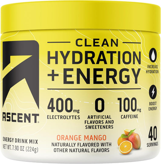 Orange Mango Electrolyte Powder with 100mg Caffeine - Clean Hydration and Energy Boost Drink Mix with 400mg Electrolytes - Natural Ingredients - 40 Servings - Espot.com.au