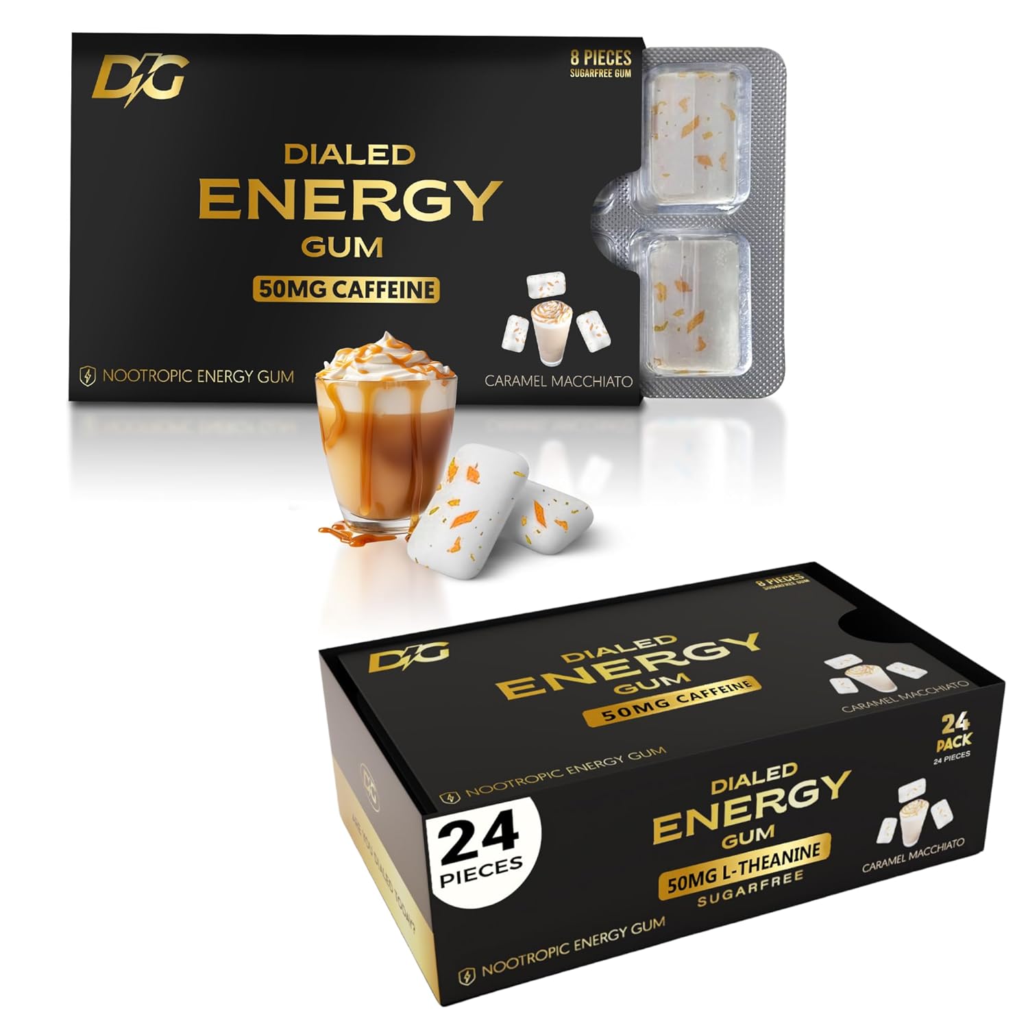 dialed-energy-caffeine-gum-24-pieces---50mg-caffeine-sugar-free-with-l-theanine-taurine-vitamins-b6-b12---nootropic-energy-xylitol-gum-caramel-macchiato-1