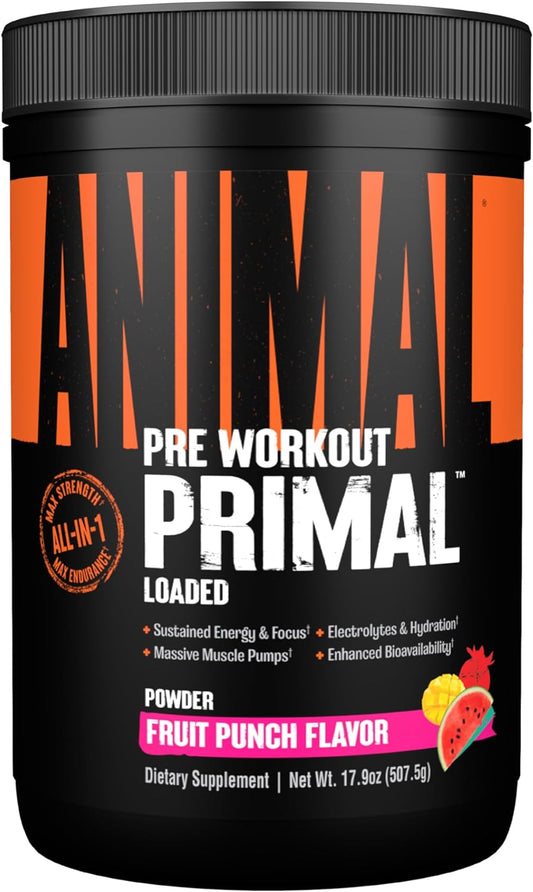 Primal Animal Muscle Hydration and Preworkout Powder with Beta Alanine, Caffeine, and Electrolytes for Improved Energy, Focus, and Endurance - Fruit Punch Flavor - 17.9 oz - Espot.com.au