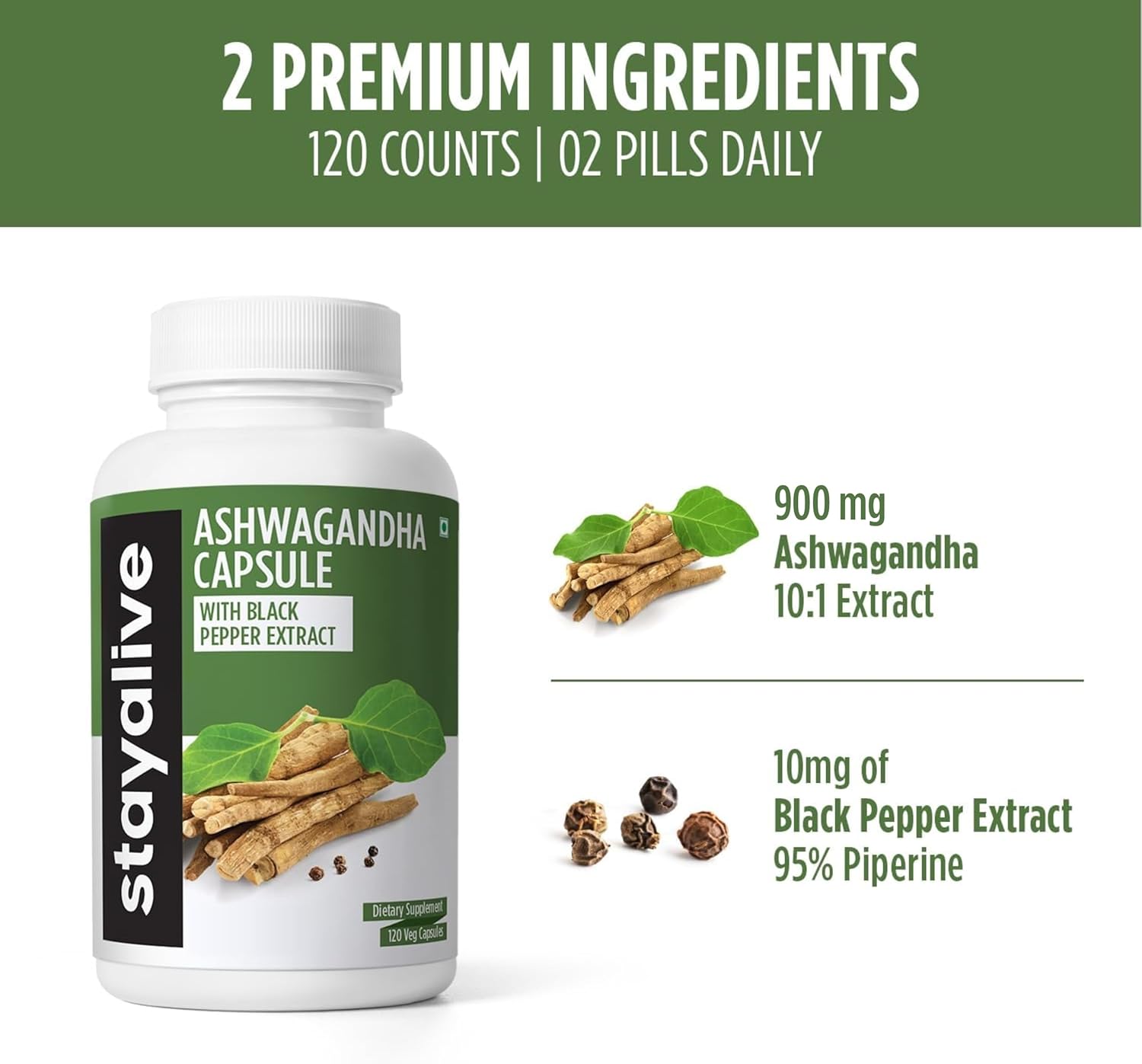 StayAlive Ashwagandha Capsules - 910mg Extra Strength with Black Pepper Extract, 120 Count - Stress, Mood, Energy Support - Non-GMO & Gluten Free - Espot.com.au