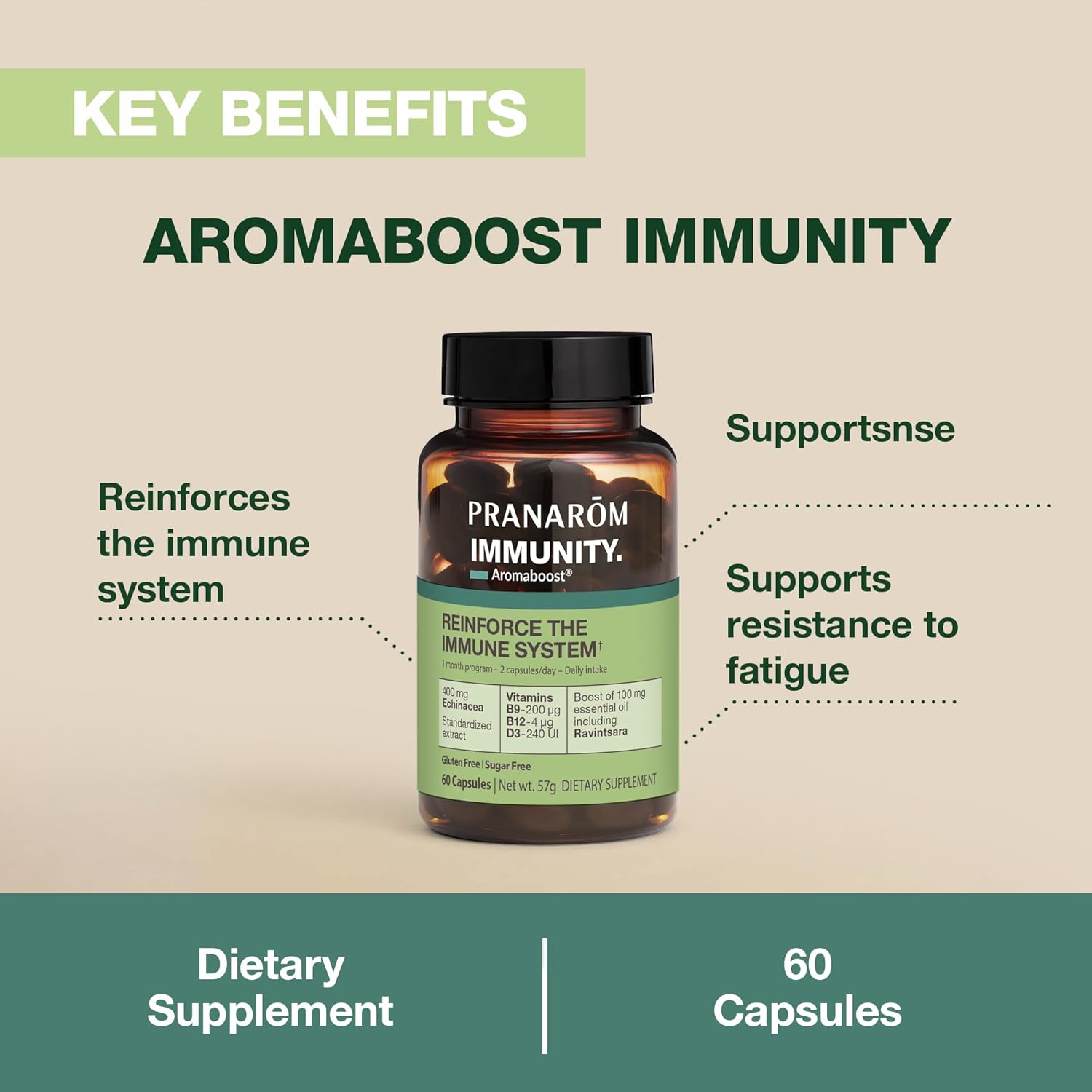 Immune Support Supplement with Black Cumin, Echinacea, Vitamins B9, B12, D3, and Ravintsara Oil - 60 Capsules by Pranarom - Espot.com.au
