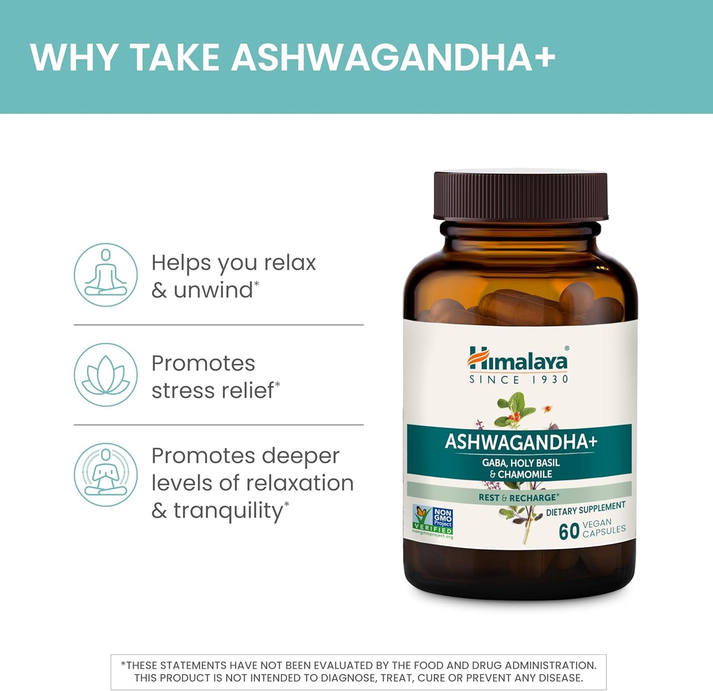 Himalaya Ashwagandha+ with GABA, Holy Basil & Chamomile - Stress Relief & Relaxation - Vegan, Gluten Free - 540mg, 60 Capsules - Espot.com.au