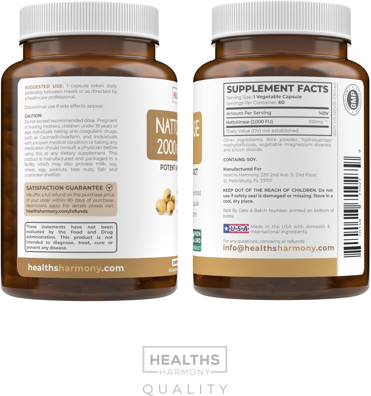 Nattokinase 2000 FU Supplement - Non-GMO, Naturally Fermented Soybeans - 60 Vegan Capsules - 2 Month Supply - Healths Harmony - Espot.com.au