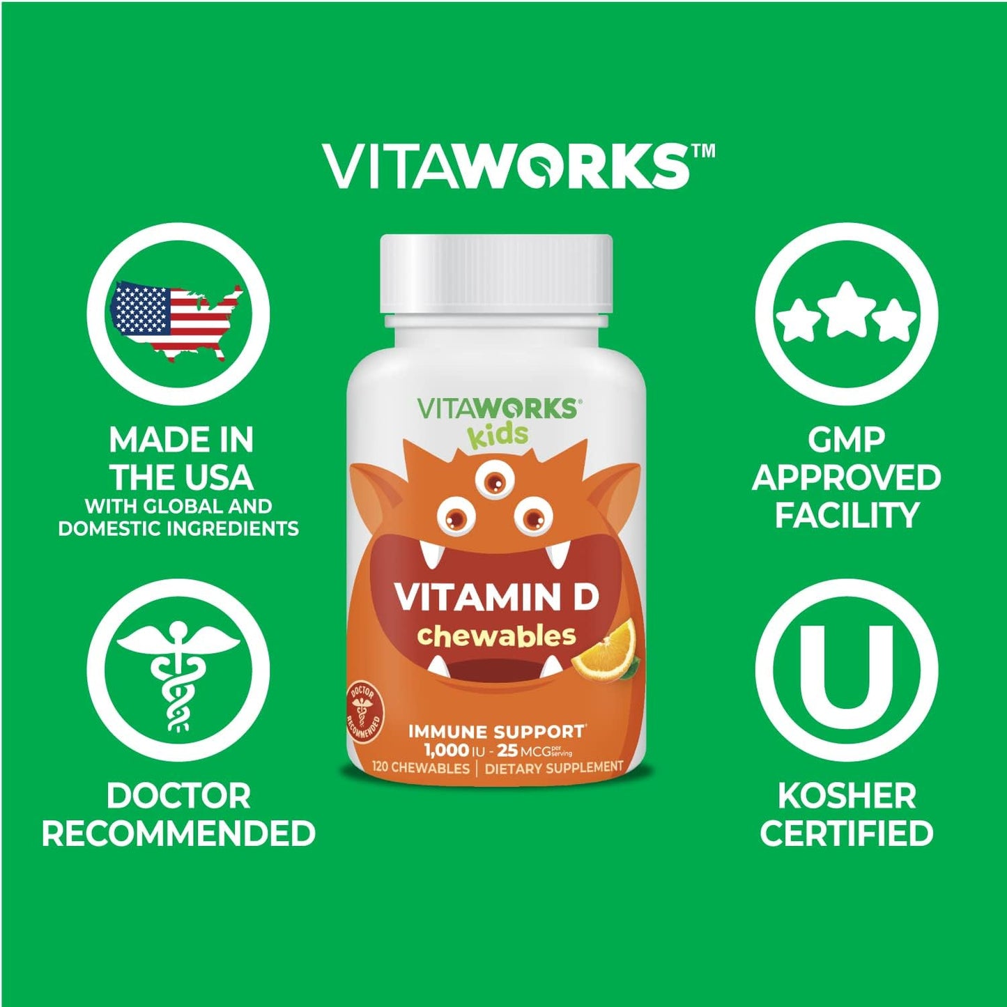 VitaWorks Children's Vitamin D 1000 IU Chewable Tablets - Natural Orange Flavor - Vegan, Non-GMO, Gluten-Free - Immune Support Supplement - 120 Chewables - Espot.com.au