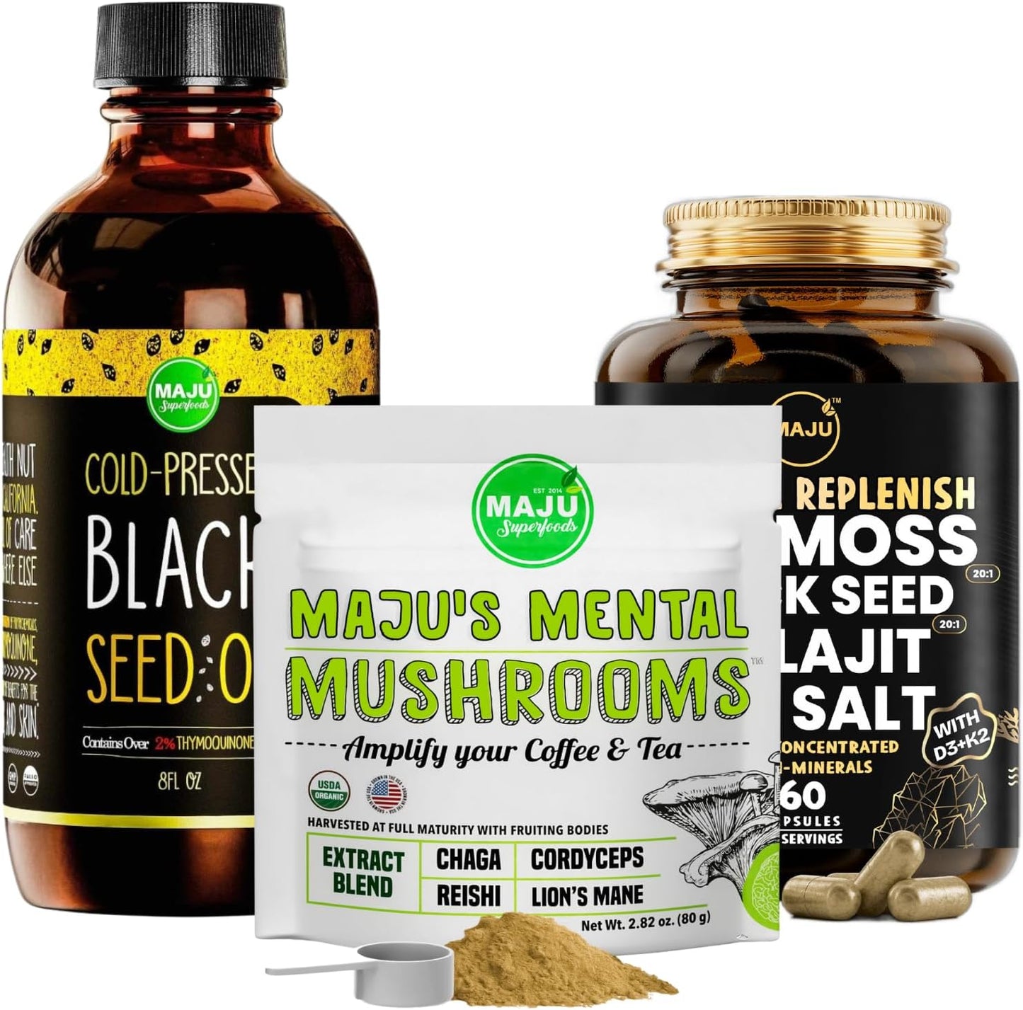 Boost Cognitive Function with Maju Superfoods Mental Mushrooms Powder, Black Seed Oil, and Mineral Capsules - Espot.com.au