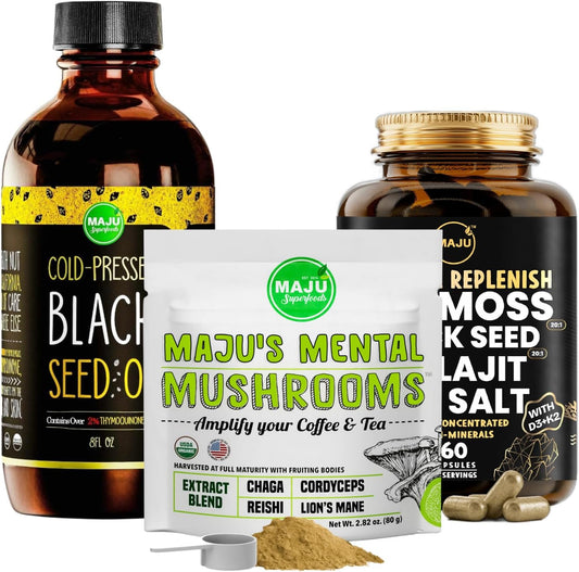 Boost Cognitive Function with Maju Superfoods Mental Mushrooms Powder, Black Seed Oil, and Mineral Capsules - Espot.com.au