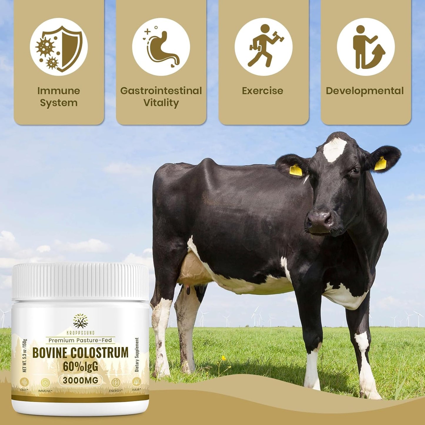 high-potency-3000-mg-bovine-colostrum-powder-supplement---60-igg-content---supports-gut-bone-exercise-immune-health---50-servings---1-bottle-3