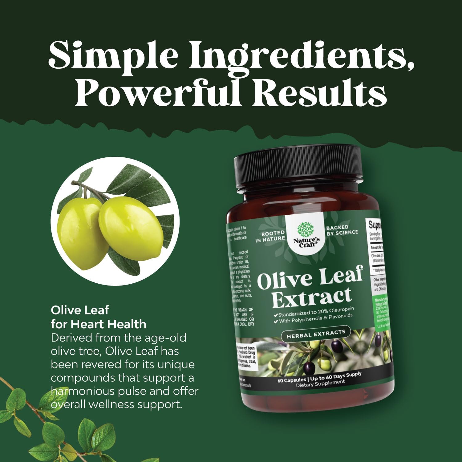 High Potency Olive Leaf Extract Capsules - Natural Antioxidant Supplement with 20% Oleuropein for Heart Health - Vegan, Non-GMO, Gluten Free - 2 Month Supply by Natures Craft - Espot.com.au
