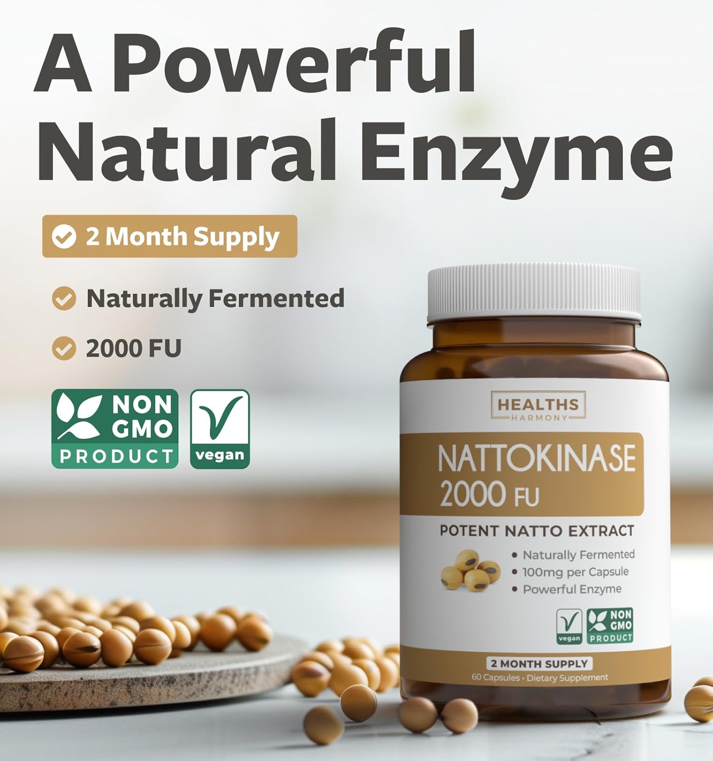 Nattokinase 2000 FU Supplement - Non-GMO, Naturally Fermented Soybeans - 60 Vegan Capsules - 2 Month Supply - Healths Harmony - Espot.com.au