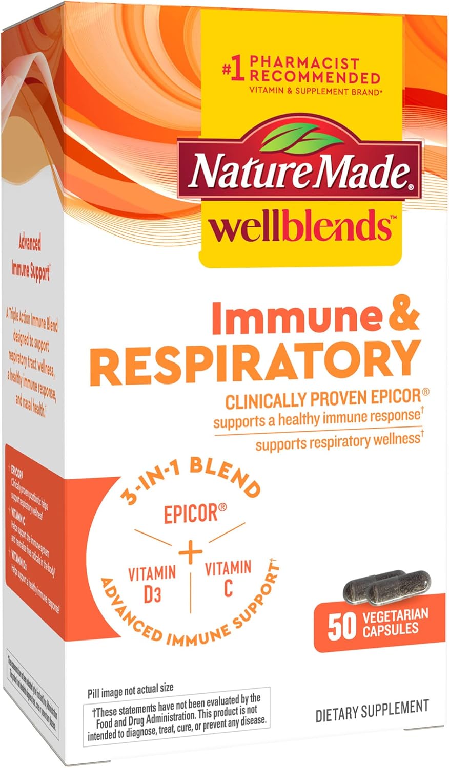 Nature Made Wellblends Immune & Respiratory Support Supplement with EpiCor Postbiotic, Vitamin C, and D3 - 50 Vegetarian Capsules - Espot.com.au