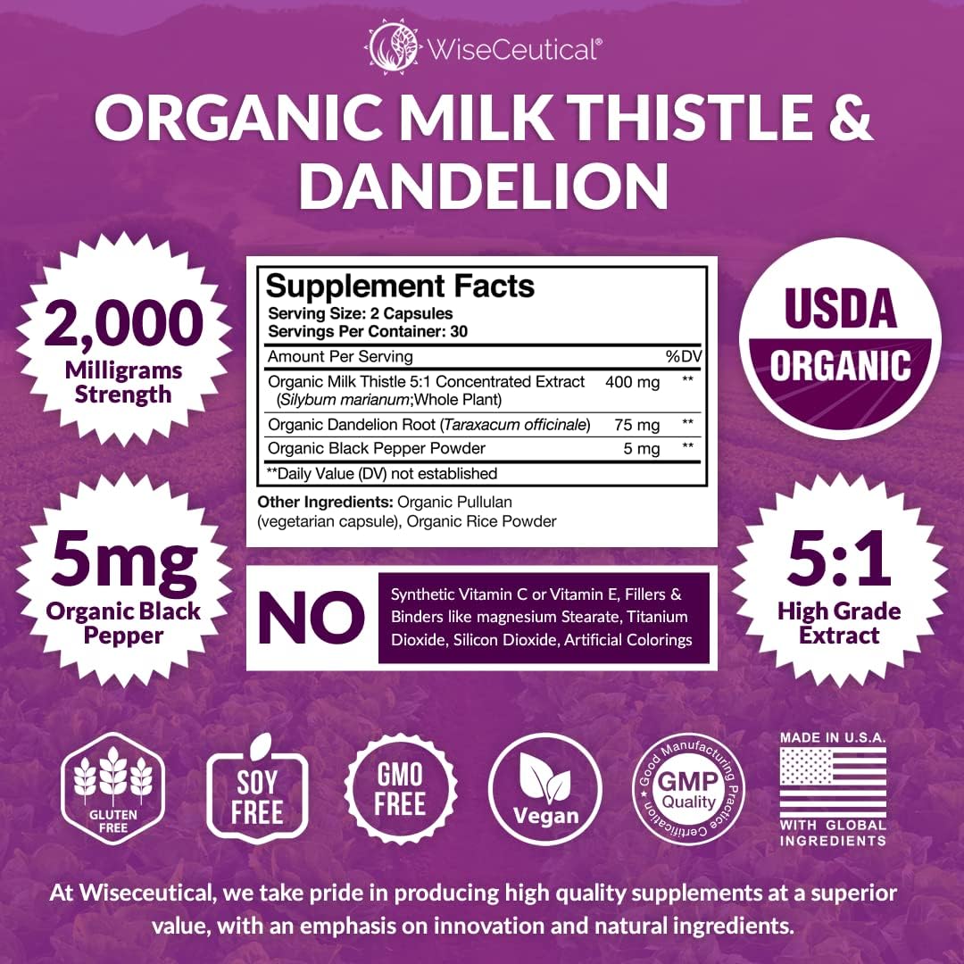Organic Milk Thistle & Dandelion Root Liver Support Supplement - 2000mg Strength, High Absorption Formula with Silymarin Antioxidant Flavonoid - USDA Certified - 60 Count Pack - Espot.com.au