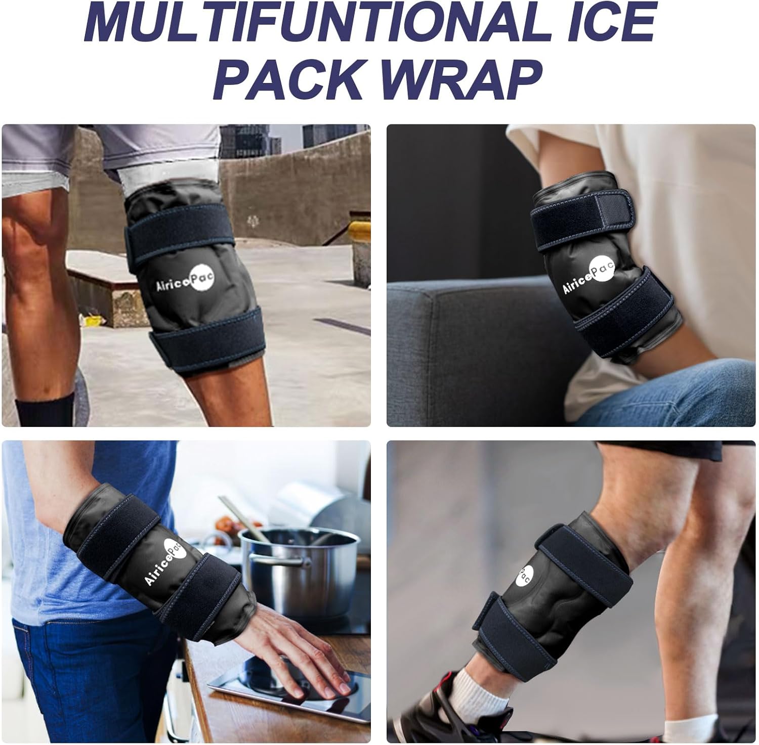 Reusable Gel Ice Wrap for Knee Pain Relief - Cold Compress Therapy for Injuries, Swelling, Arthritis, Meniscus Tear, ACL - AiricePac 2 Ice Pack for Knee - Black - Espot.com.au
