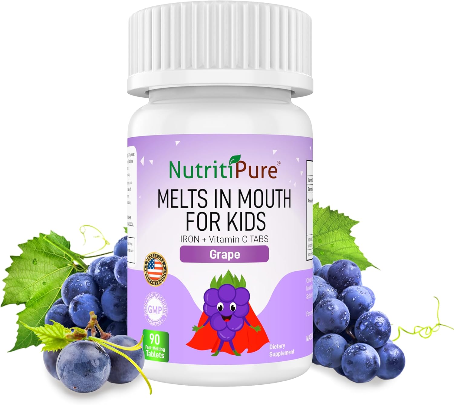 Delicious Grape Flavored NutritiPure Chewable Iron Supplements for Kids - 90 Count Bottle with Ferronyl®/Carbonyl Iron 9mg and Vitamin C 30mg - Espot.com.au