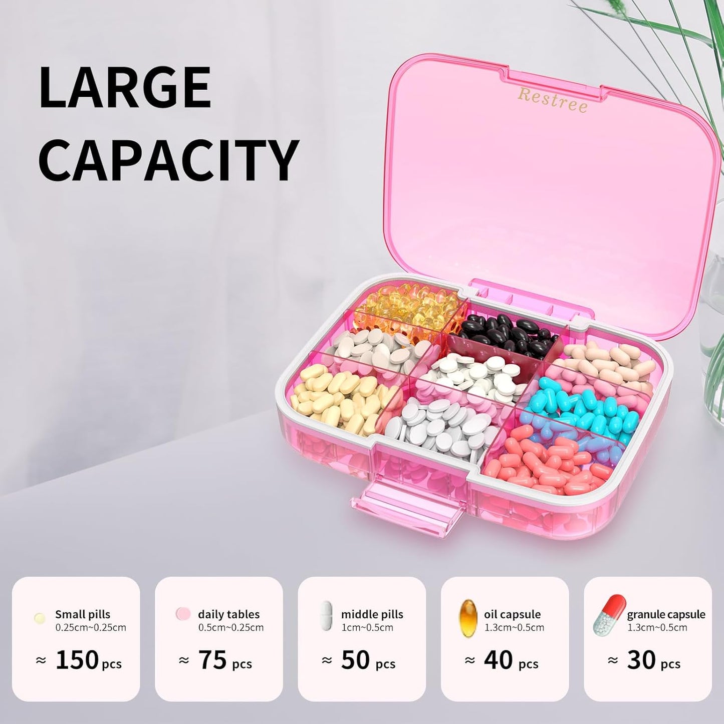 restree-large-pill-organizer---portable-moisture-proof-travel-case-for-vitamins-medicine---9-compartments---pink-5