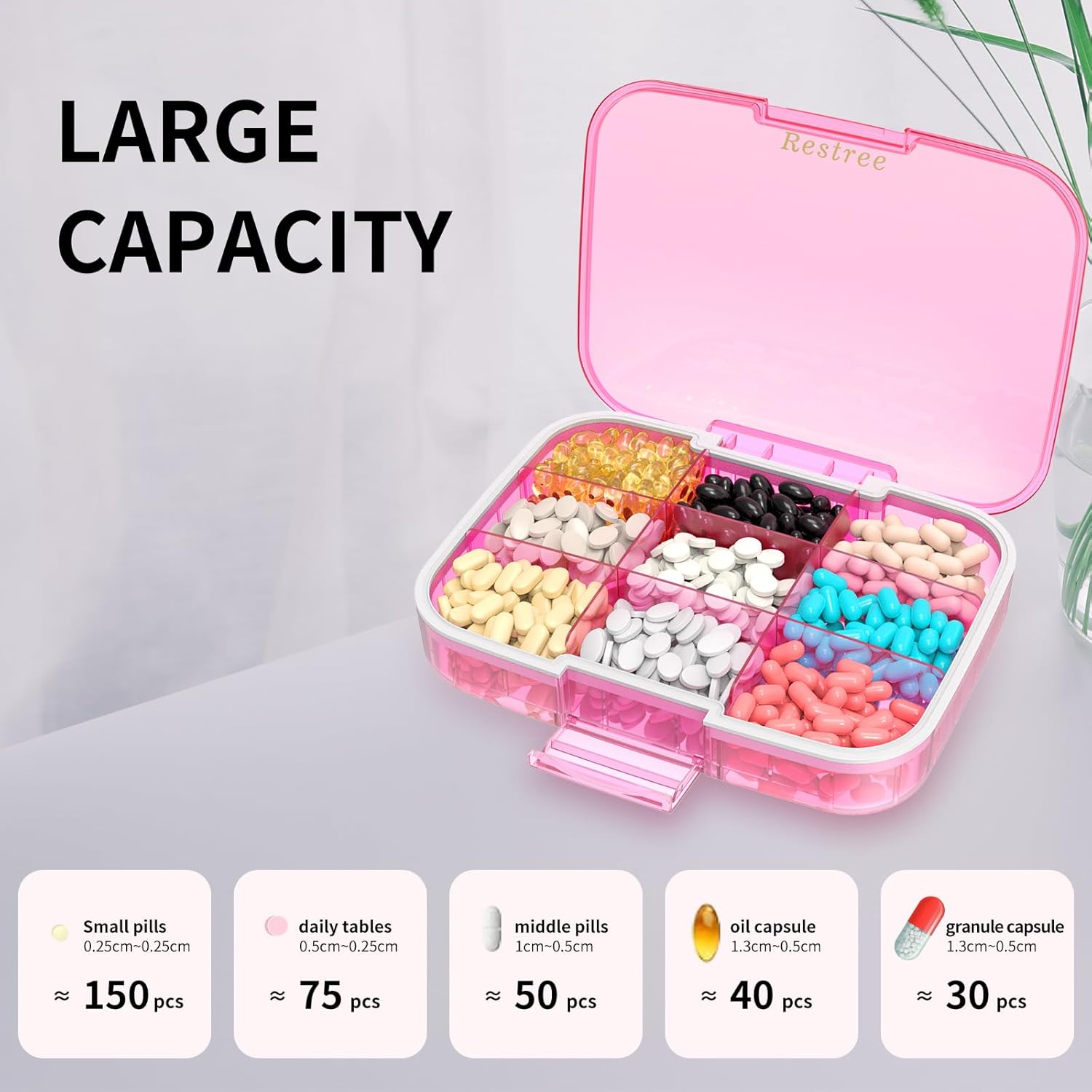 restree-large-pill-organizer---portable-moisture-proof-travel-case-for-vitamins-medicine---9-compartments---pink-5