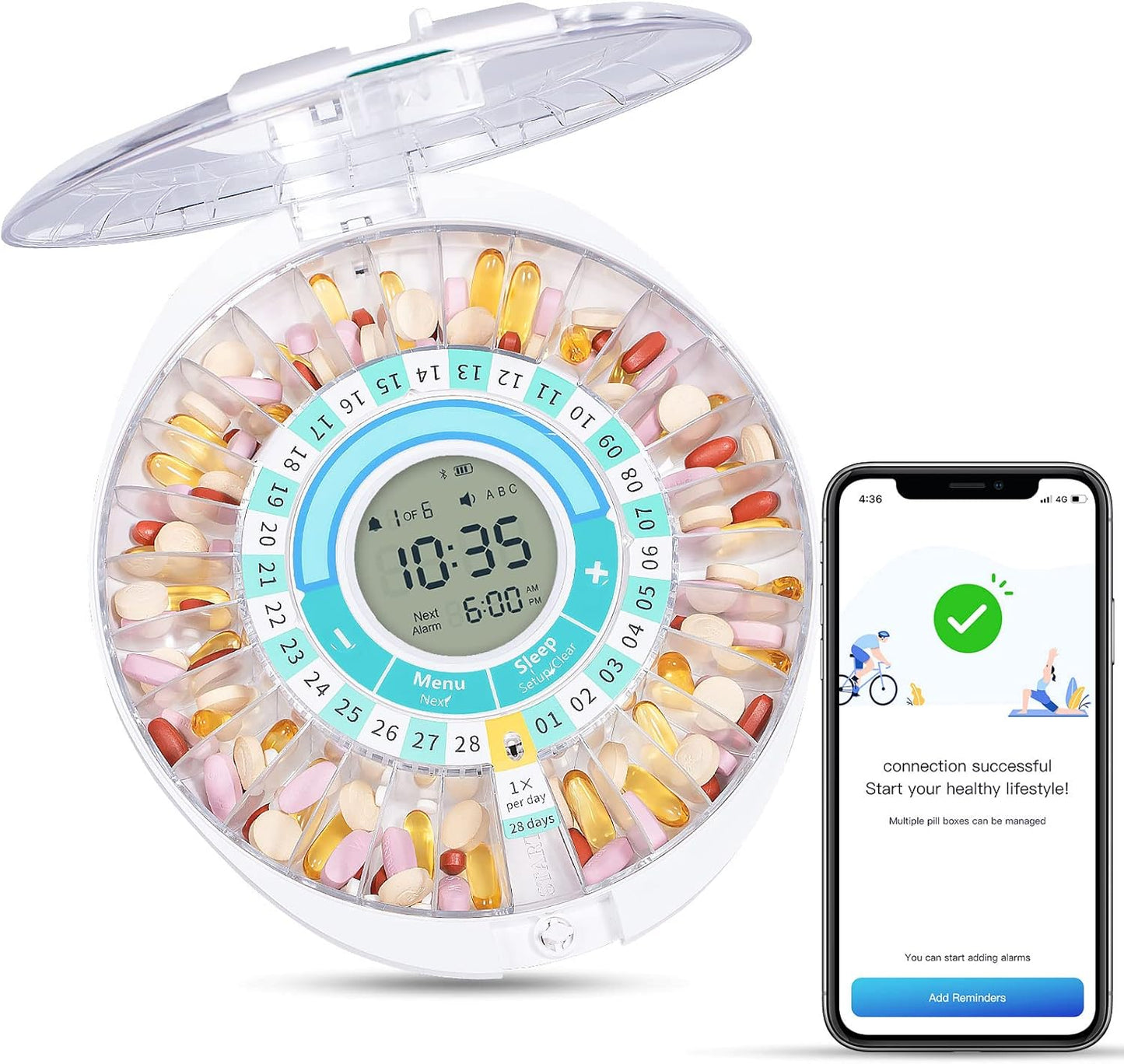 upgrade-bluetooth-smart-automatic-pill-dispenser-for-elderly---28-compartment-electronic-medication-organizer-with-sound-light-and-app-alarm---watch-operation-video-1