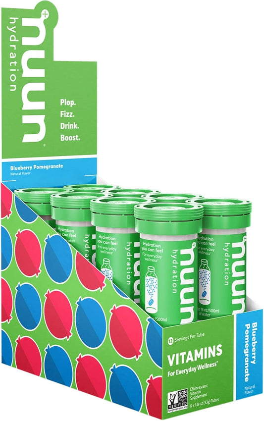 Nuun Hydration Vitamins Electrolyte Tablets, Blueberry Pomegranate Flavor - 5 Essential Electrolytes with Vitamins A, B6, C, D, E, Magnesium - Vegan & Non-GMO - 8 Pack (96 Servings) - Espot.com.au