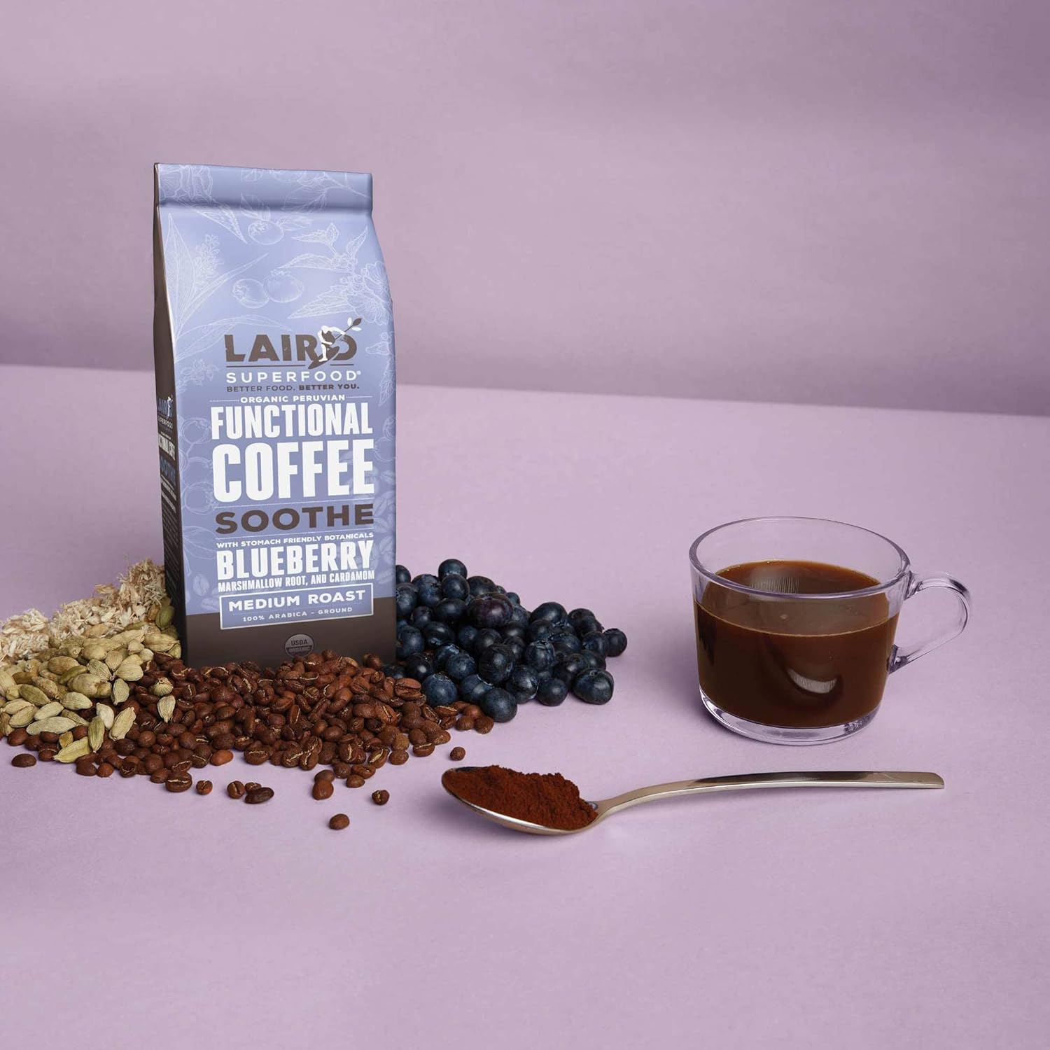 Organic Medium Roast Caffeinated Soothe Coffee with Stomach-Friendly Ingredients - 12 oz Bag - Marshmallow Root, Cardamom, Blueberry Powder - Laird Superfood - Espot.com.au