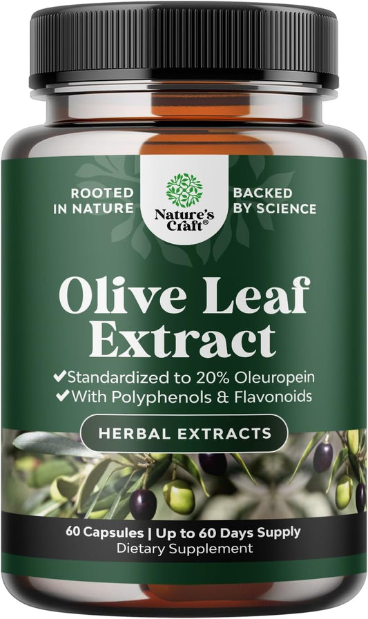 High Potency Olive Leaf Extract Capsules - Natural Antioxidant Supplement with 20% Oleuropein for Heart Health - Vegan, Non-GMO, Gluten Free - 2 Month Supply by Natures Craft - Espot.com.au