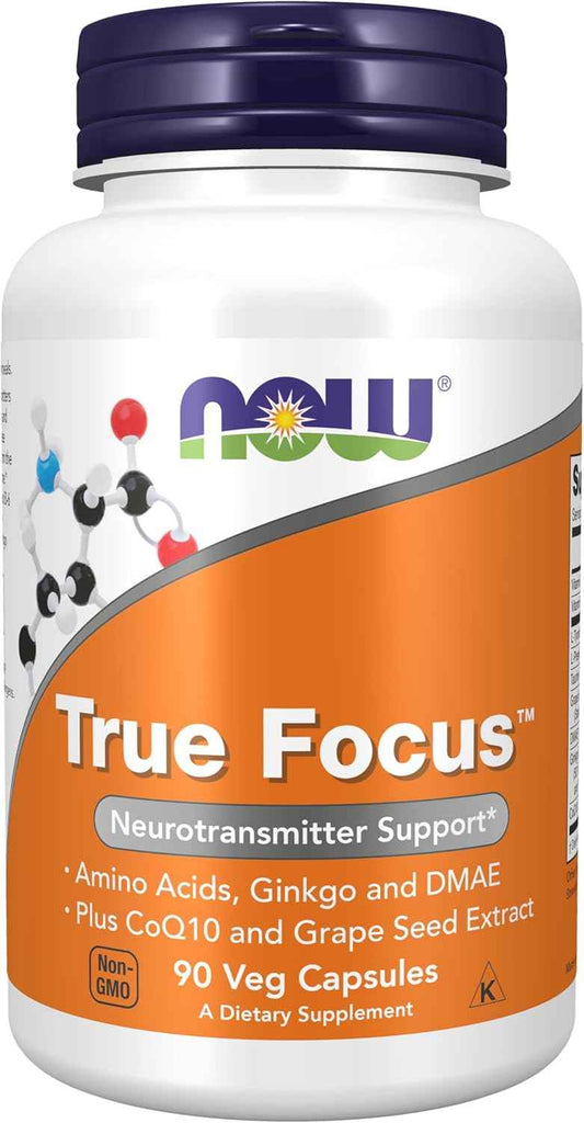 NOW Foods True Focus™ Supplement with Amino Acids, Ginkgo, DMAE, CoQ10, Grape Seed Extract - 90 Veg Capsules