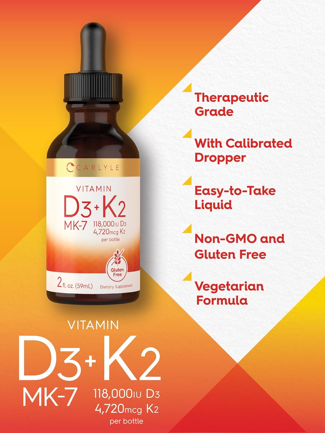 Carlyle Vitamin D3 K2 Drops 2 Fl Oz MK-7 Supplement Vegetarian Non-GMO Gluten Free - Espot.com.au