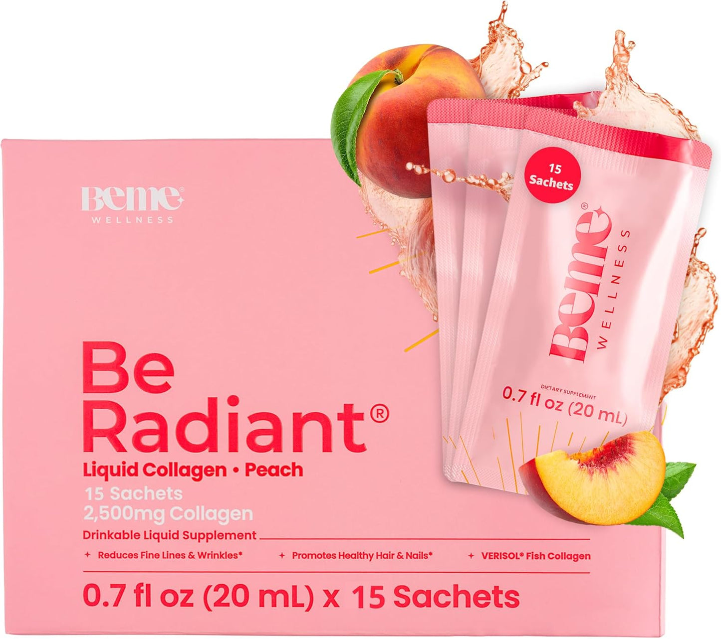 BeMe Liquid Collagen Peach Flavor Shots - 2,500mg Marine Collagen, Hydrolyzed Peptides, Biotin, CoQ10, Vitamin C & E for Hair, Nails, Skin - Women's Health Supplement, 15 Packets - Espot.com.au