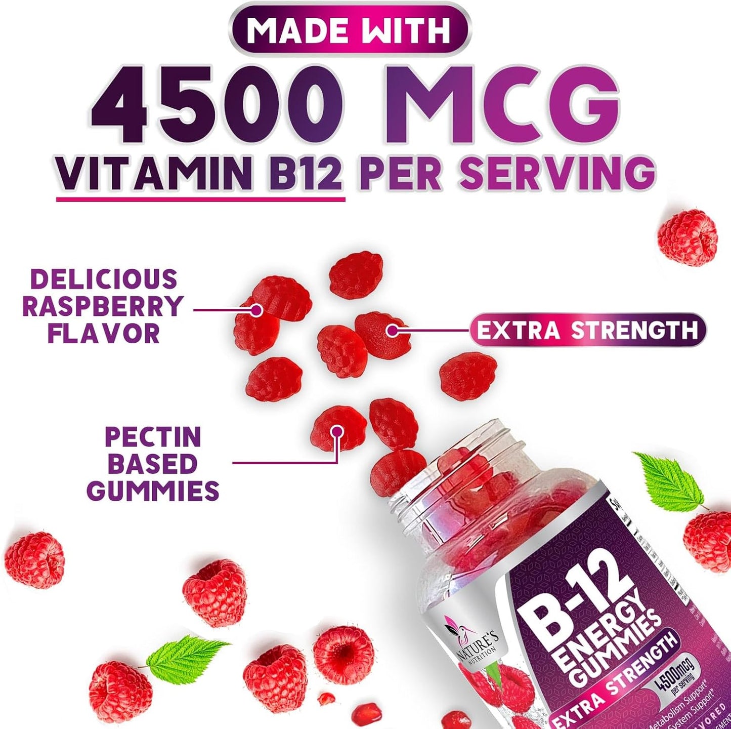 Extra Strength Vitamin B12 Energy Gummies - 4500mcg Chewable for Energy & Nervous System Support - Vegan B-12 Complex Gummy - Berry Flavor - 60 Gummies - Non-GMO - Espot.com.au
