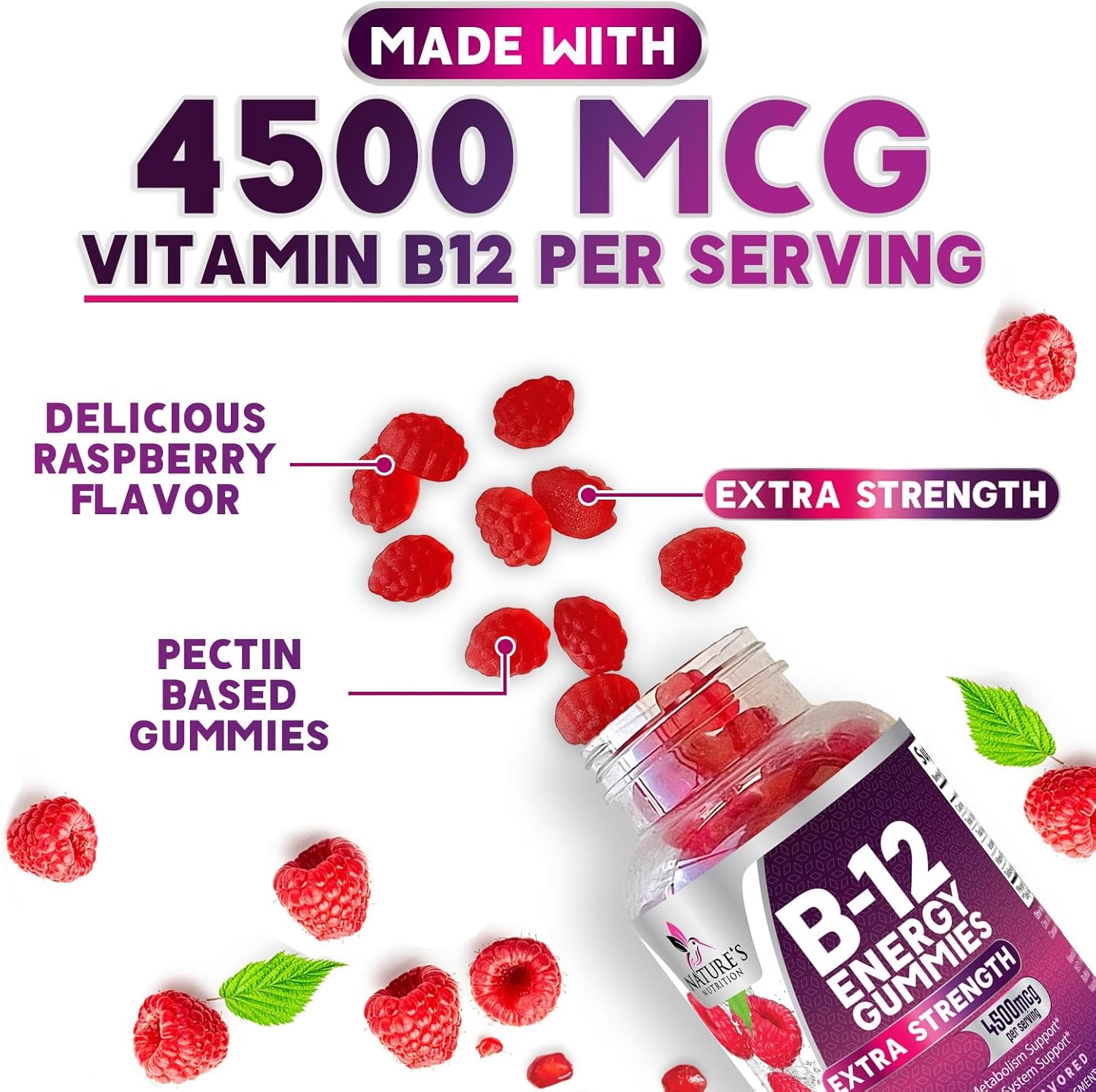 Extra Strength Vitamin B12 Energy Gummies - 4500mcg Chewable for Energy & Nervous System Support - Vegan B-12 Complex Gummy - Berry Flavor - 60 Gummies - Non-GMO - Espot.com.au