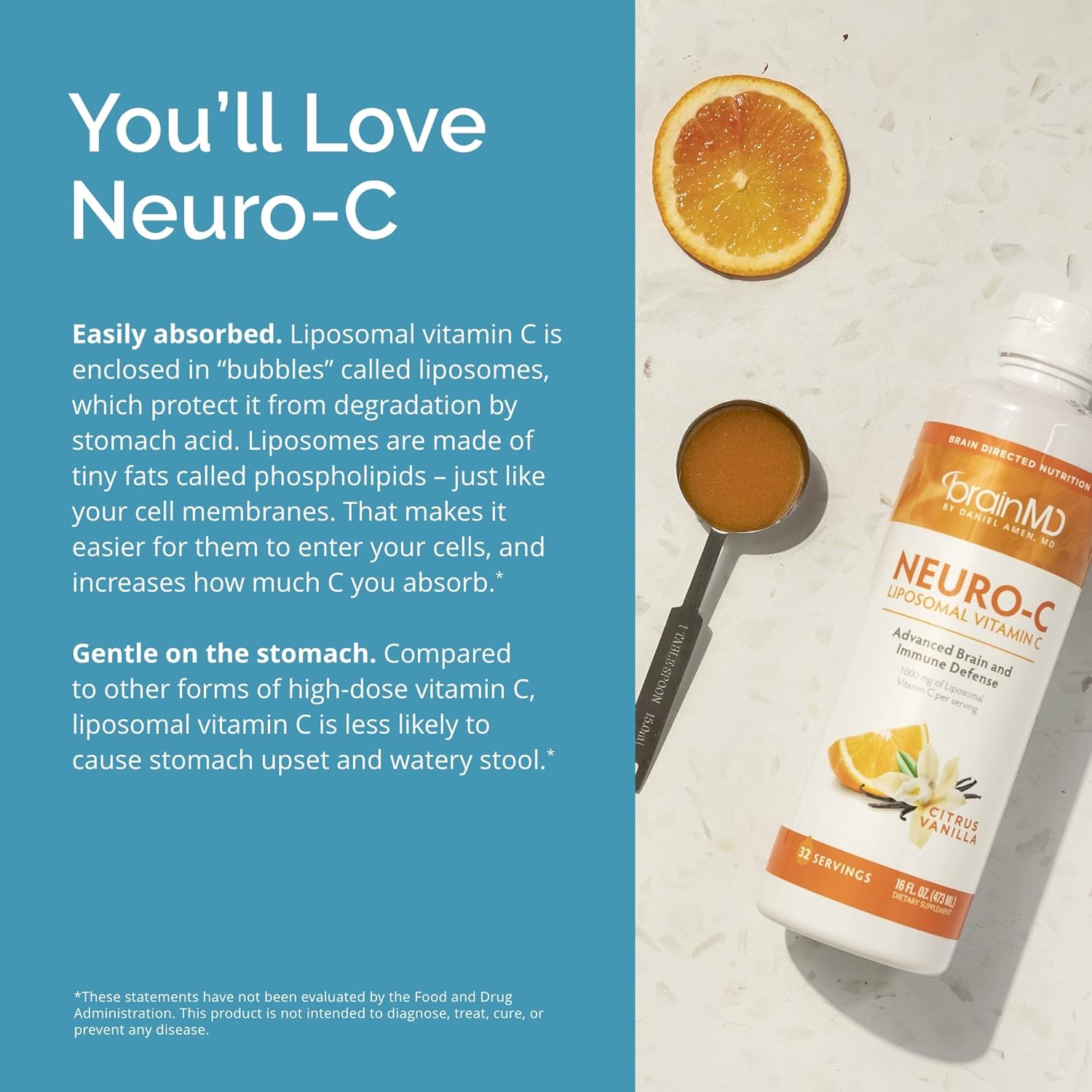 Dr. Amen Neuro-C Citrus Vanilla Liquid Supplement - 16 fl oz - 1000mg Liposomal Vitamin C for Brain & Immune Support - Gluten Free - 32 Servings - Espot.com.au
