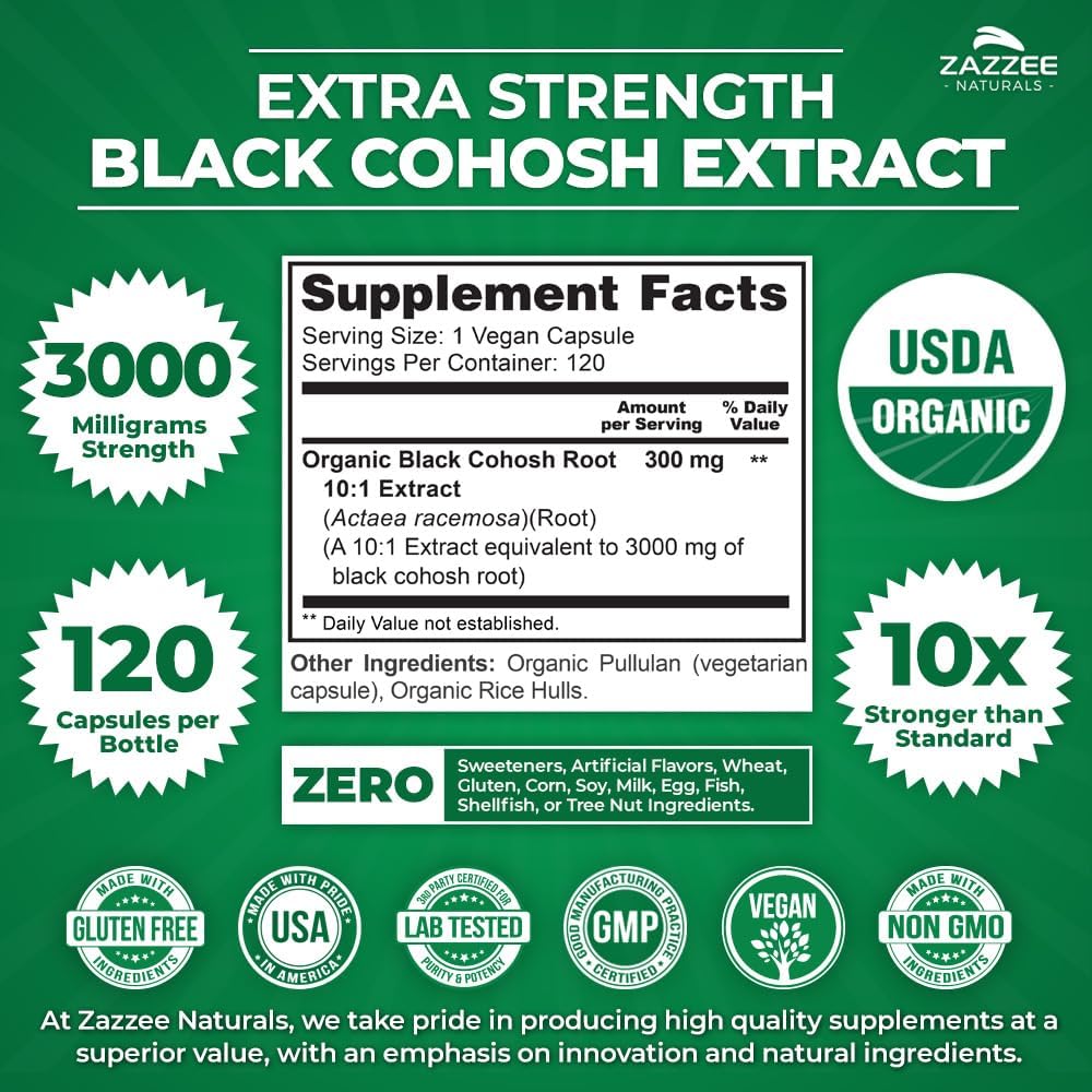 Organic Black Cohosh 10:1 Extract Capsules - 3000mg, 120 Vegan Capsules - 4 Month Supply - Non-GMO, Made in USA - Vegetarian Formula - Espot.com.au