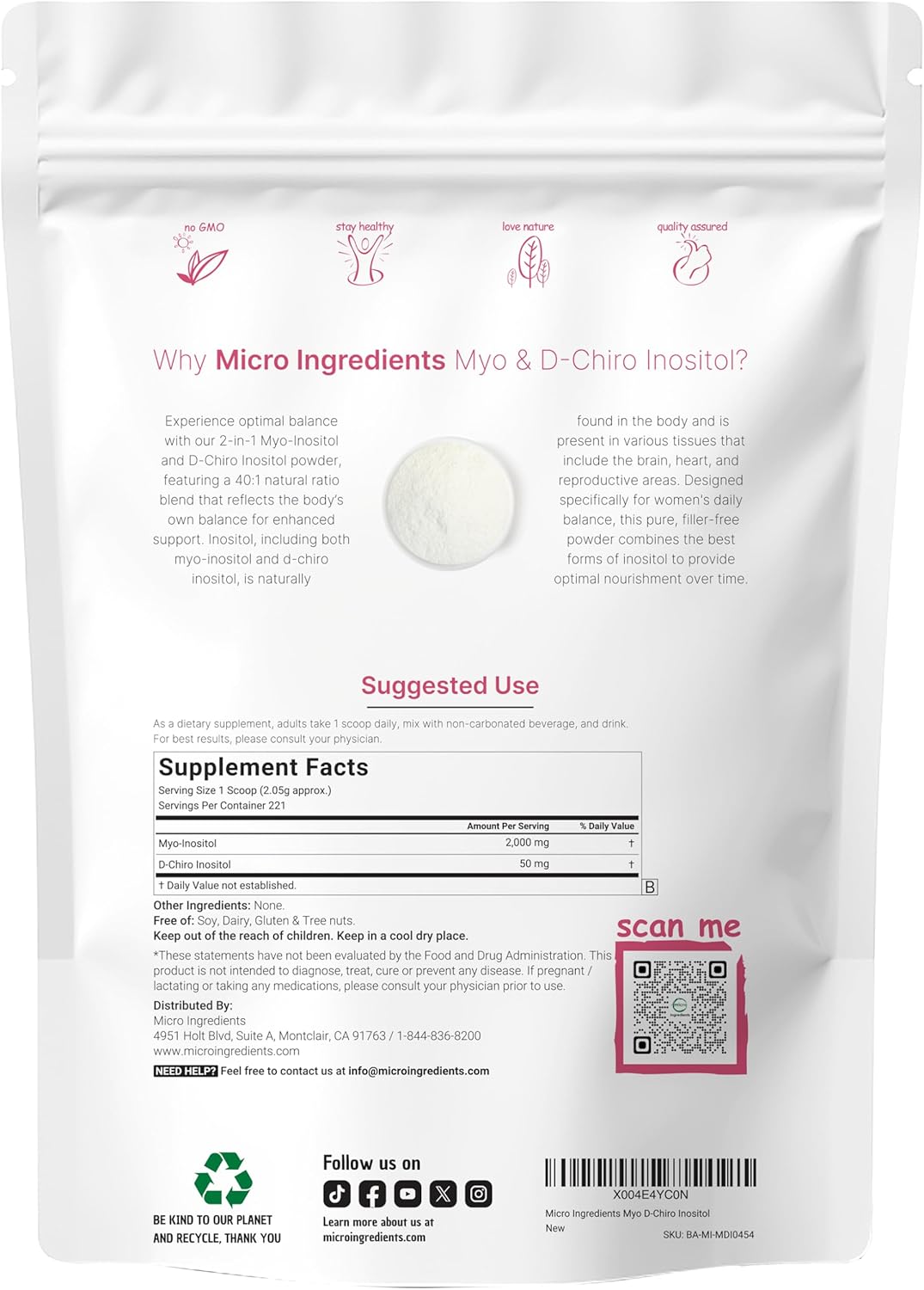 1lb Myo-Inositol & D-Chiro Inositol Powder - Hormonal Balance & Ovarian Health Support - 40:1 Ratio Inositol Supplement for Women - Non-GMO, Vegan - 221 Servings - Espot.com.au