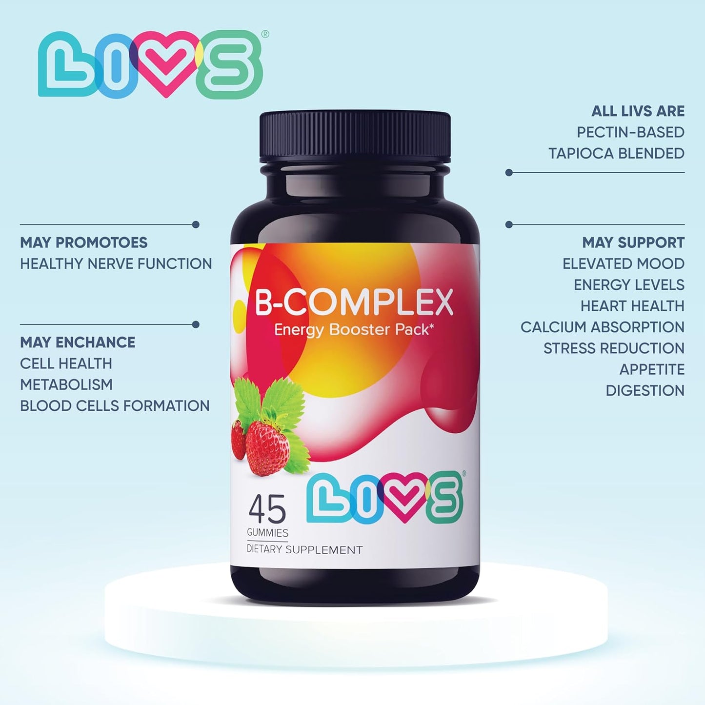 Strawberry Flavored B Complex Vitamin Gummies with B3, B6, B12, Biotin for Energy - 45 Count - Espot.com.au