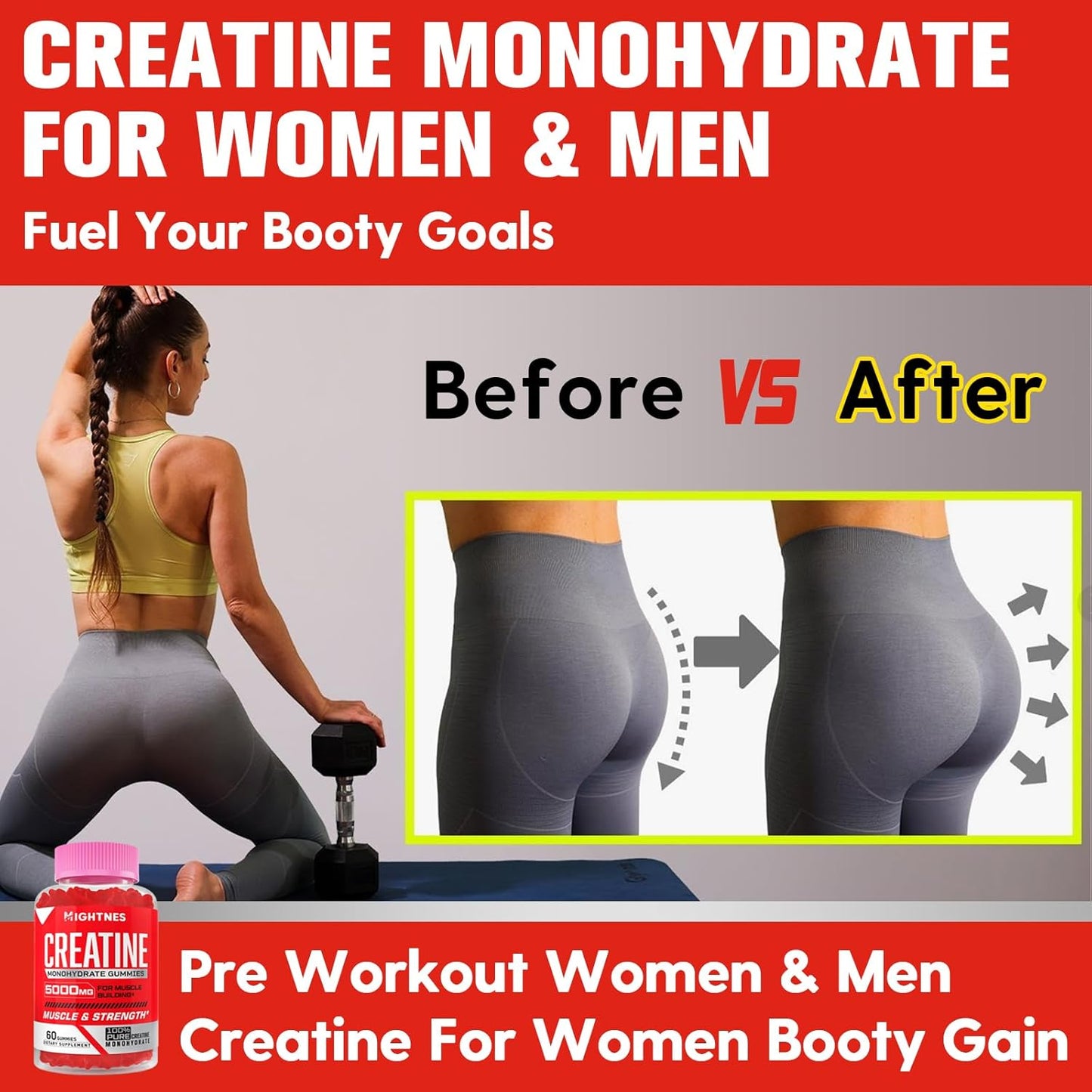 Organic Vegan Creatine Gummies with Taurine & Vitamins - 5000mg Pre-Workout for Maximum Strength, Muscle, Energy & Focus - Men & Women - 60 Count - Espot.com.au