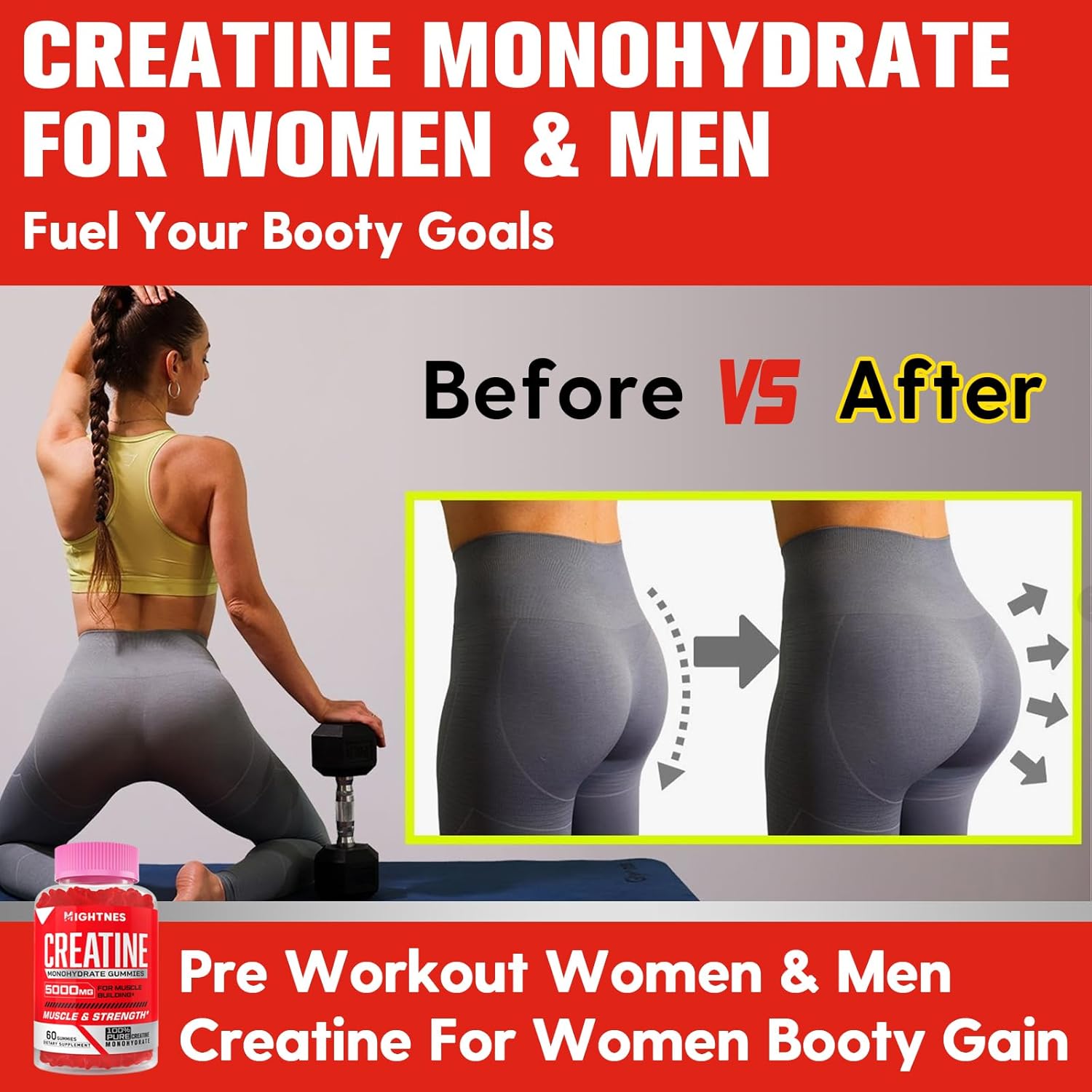 Organic Vegan Creatine Gummies with Taurine & Vitamins - 5000mg Pre-Workout for Maximum Strength, Muscle, Energy & Focus - Men & Women - 60 Count - Espot.com.au