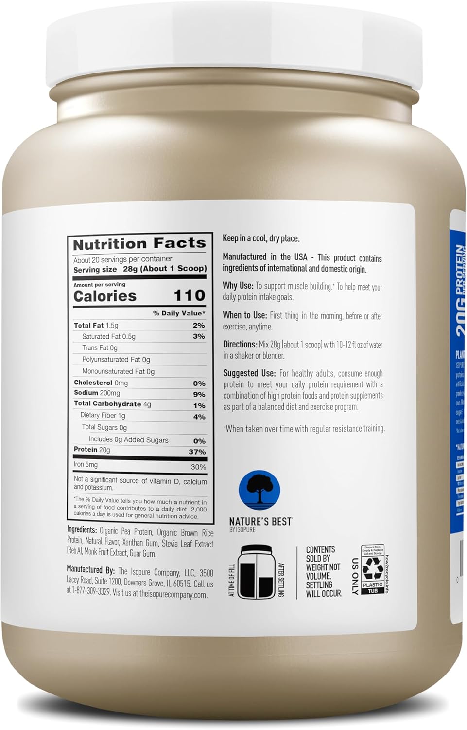 Vanilla Isopure Plant-Based Protein Powder - 20g Plant Protein, Lactose & Gluten Free, With Iron - 1.23 Lbs, 20 Servings - Espot.com.au
