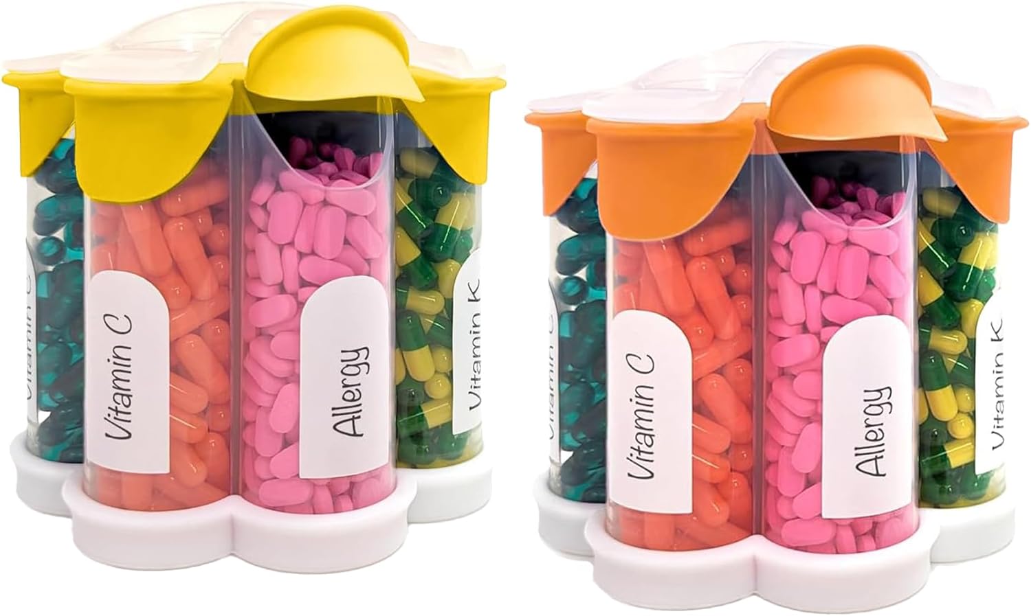 large-pill-organizer-with-cute-blossom-design-7-xl-compartments-daily-weekly-monthly-supplement-bottle-2-pack-combo-in-orange-and-yellow-1