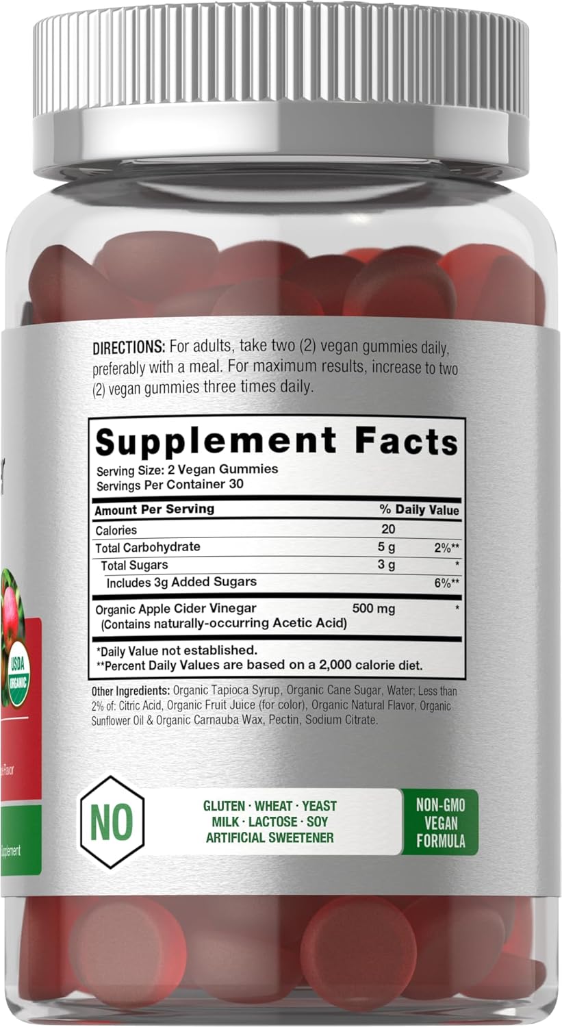 Organic Apple Cider Vinegar Gummies - 60 Count | Vegan & Gluten-Free | USDA Certified | Apple Flavor | Non-GMO - Espot.com.au