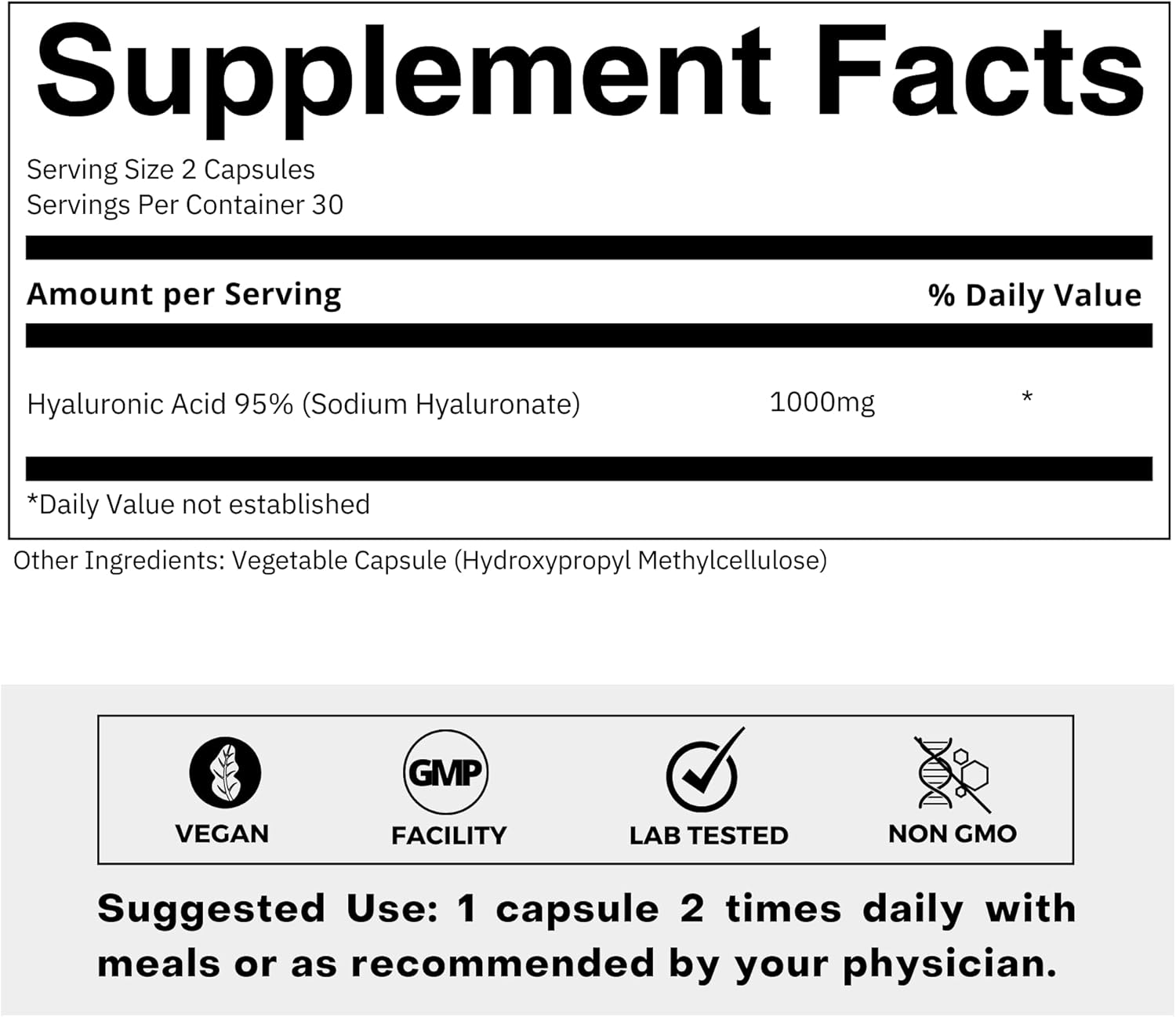 High Purity Hyaluronic Acid Capsules - 500mg Sodium Hyaluronate - Purified & Bioavailable - Low Molecular Weight - Non-GMO - 60 Capsules - Espot.com.au