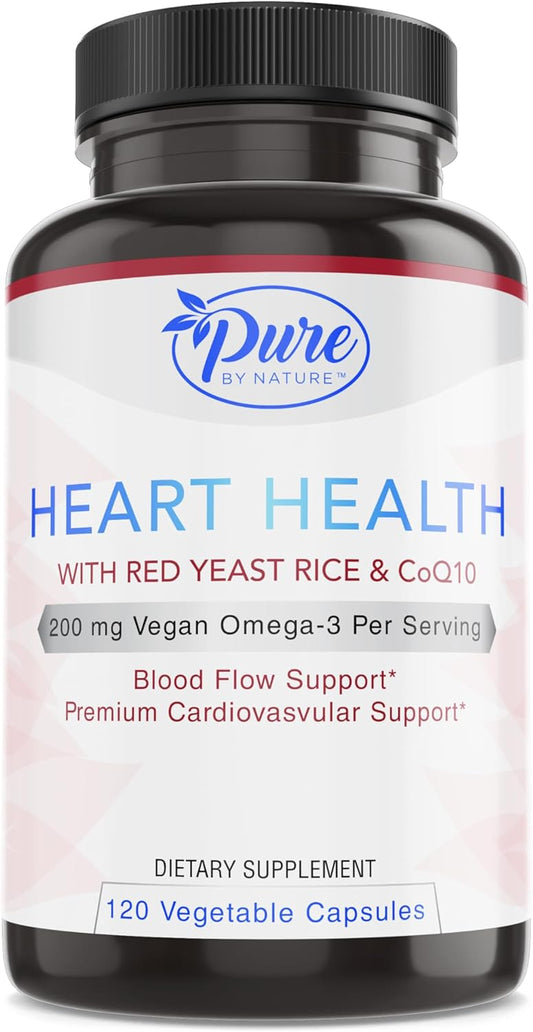 Red Yeast Rice & CoQ10 Supplement for Vascular Health & Blood Flow - 30 Servings (120 Veg Capsules) - Pure By Nature - Espot.com.au