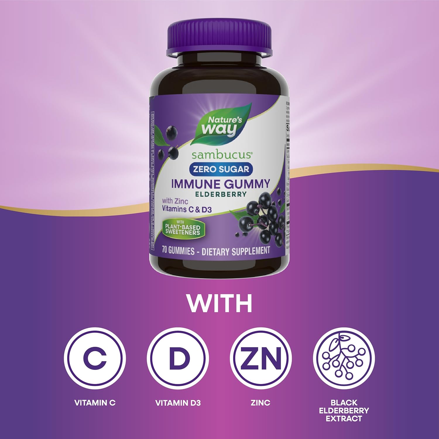 Nature's Way Sambucus Zero Sugar Immune Gummies - Black Elderberry, Vitamin C, D3, Zinc - 70 Plant-Based Gummies for Daily Immune Support - Espot.com.au