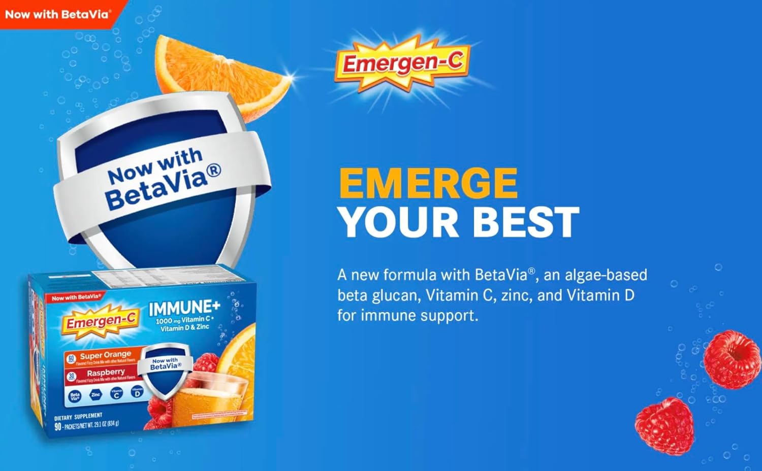 Emergen-C Immune+ 90 Packets Variety Pack, 1000mg Vitamin C with Vitamin D & Zinc, Super Orange (60 Ct) and Raspberry (30 Ct) - Espot.com.au