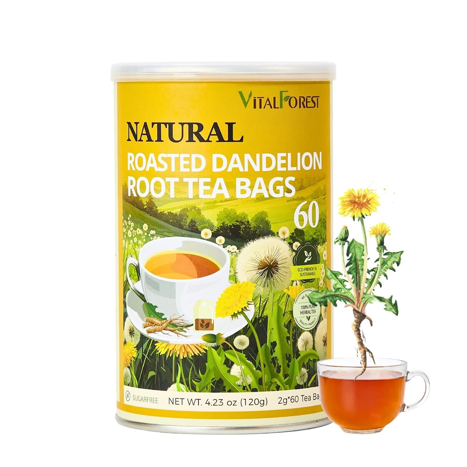 vitalforest-natural-detox-dandelion-root-tea-bags---60-bags-2g-each---caffeine-free-coffee-substitute---canister-packaged---diente-de-leon-1